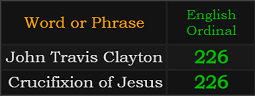 John Travis Clayton and Crucifixion of Jesus both = 226 Ordinal
