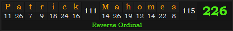 "Patrick Mahomes" = 226 (Reverse Ordinal)