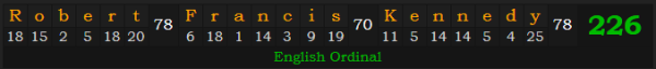 "Robert Francis Kennedy" = 226 (English Ordinal)