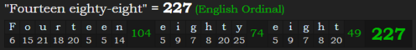 "Fourteen eighty-eight" = 227 (English Ordinal)