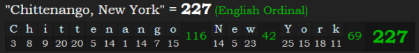 "Chittenango, New York" = 227 (English Ordinal)