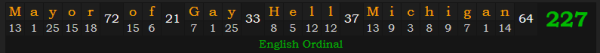 "Mayor of Gay Hell, Michigan" = 227 (English Ordinal)