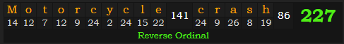 "Motorcycle crash" = 227 (Reverse Ordinal)