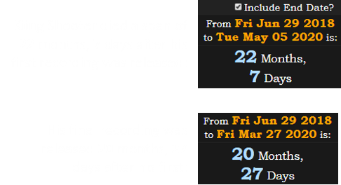 Kiing Shooter died a span of 22 months, 7 days after his first recording was released. His final recording was released 20 months, 27 days after his first