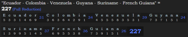 "Ecuador - Colombia - Venezuela - Guyana - Suriname - French Guiana" = 227 (Full Reduction)