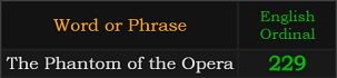 "The Phantom of the Opera" = 229 (English Ordinal)