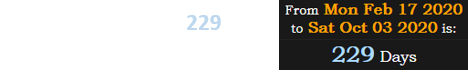 October 3rd falls 229 days after Huey’s birthday: