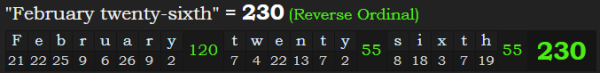 "February twenty-sixth" = 230 (Reverse Ordinal)