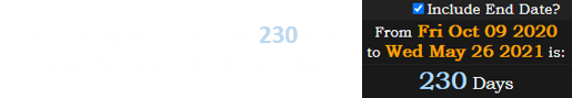 This story was a span of 230 days before the next total lunar eclipse: