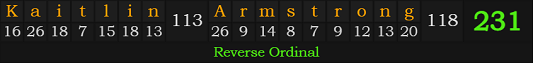 "Kaitlin Armstrong" = 231 (Reverse Ordinal)