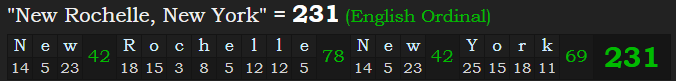 "New Rochelle, New York" = 231 (English Ordinal)