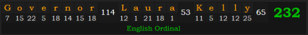 "Governor Laura Kelly" = 232 (English Ordinal)