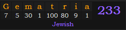 "Gematria" = 233 (Jewish)