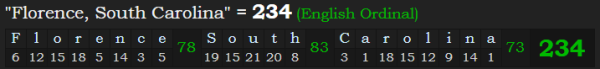 "Florence, South Carolina" = 234 (English Ordinal)