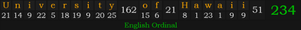 "University of Hawaii" = 234 (English Ordinal)