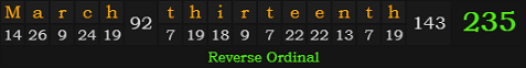 "March thirteenth" = 235 (Reverse Ordinal)