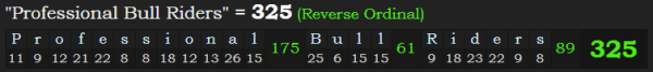 "Professional Bull Riders" = 325 (Reverse Ordinal)