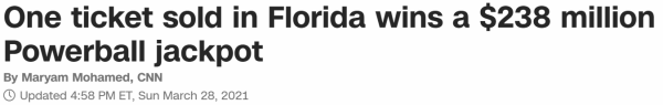 One ticket sold in Florida wins a $238 million Powerball jackpot