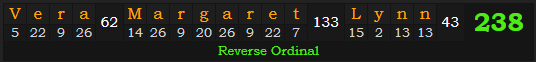 "Vera Margaret Lynn" = 238 (Reverse Ordinal)