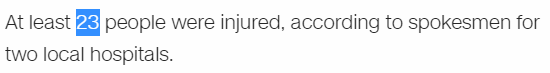 At least 23 people were injured, according to spokesmen for two local hospitals.