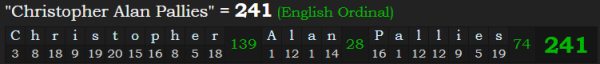 "Christopher Alan Pallies" = 241 (English Ordinal)