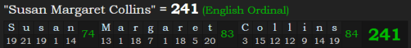 "Susan Margaret Collins" = 241 (English Ordinal)