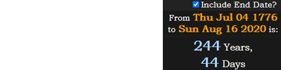 The United States of America is a span of 244 years, 44 days old: