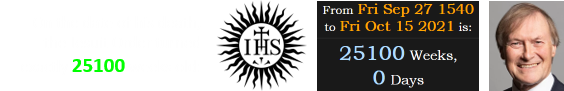 On the date of his death, the Jesuit Order turned exactly 25100 weeks old: