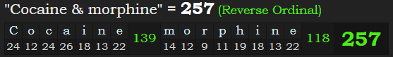 "Cocaine & morphine" = 257 (Reverse Ordinal)