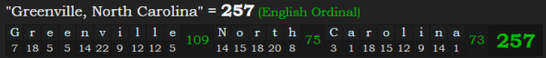 "Greenville, North Carolina" = 257 (English Ordinal)