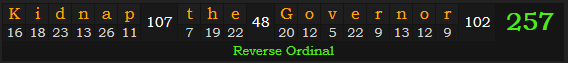 "Kidnap the Governor" = 257 (Reverse Ordinal)