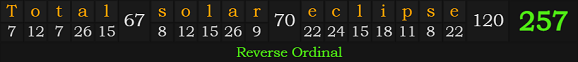 "Total solar eclipse" = 257 (Reverse Ordinal)