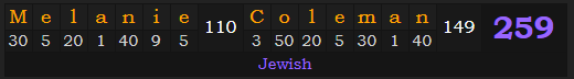 "Melanie Coleman" = 259 (Jewish)