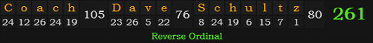 "Coach Dave Schultz" = 261 (Reverse Ordinal)