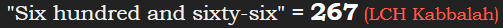 "Six hundred and sixty-six" = 267 (LCH Kabbalah)