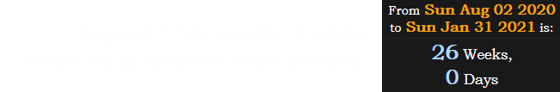 August 2nd falls exactly 26 weeks before Doug Pederson’s next birthday: