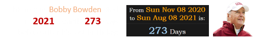 This means Bobby Bowden died in 2021, exactly 273 days before after his last birthday: