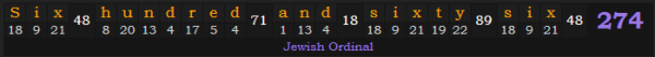 "Six hundred and sixty-six" = 274 (Jewish Ordinal)
