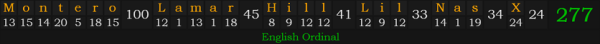 "Montero Lamar Hill - Lil Nas X" = 277 (English Ordinal)