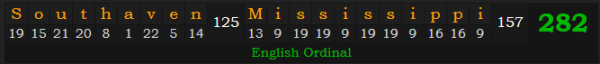 "Southaven, Mississippi" = 282 (English Ordinal)