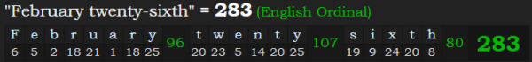 "February twenty-sixth" = 283 (English Ordinal)