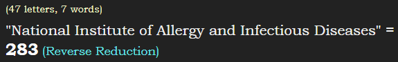 "National Institute of Allergy and Infectious Diseases" = 283 (Reverse Reduction)