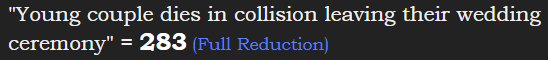 "Young couple dies in collision leaving their wedding ceremony" = 283 (Full Reduction)