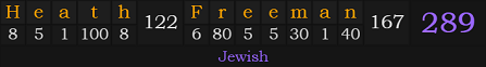 "Heath Freeman" = 289 (Jewish)