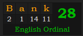 "Bank" = 28 (English Ordinal)