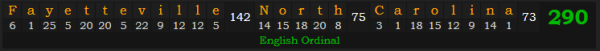 "Fayetteville, North Carolina" = 290 (English Ordinal)