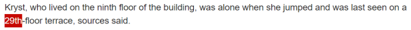 Kryst, who lived on the ninth floor of the building, was alone when she jumped and was last seen on a 29th-floor terrace, sources said.
