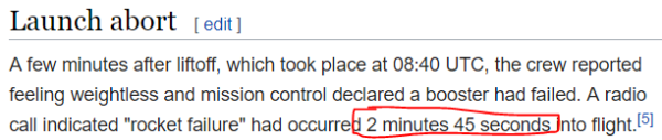 A few minutes after liftoff, which took place at 08:40 UTC, the crew reported feeling weightless and mission control declared a booster had failed. A radio call indicated "rocket failure" had occurred 2 minutes 45 seconds into flight.