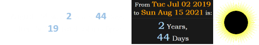 August 15th was 2 years, 44 days after the ’19 Total solar eclipse: