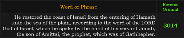 He restored the coast of Israel from the entering of Hamath unto the sea of the plain, according to the word of the LORD God of Israel, which he spake by the hand of his servant Jonah, the son of Amittai, the prophet, which was of Gathhepher. = 3014 Reverse